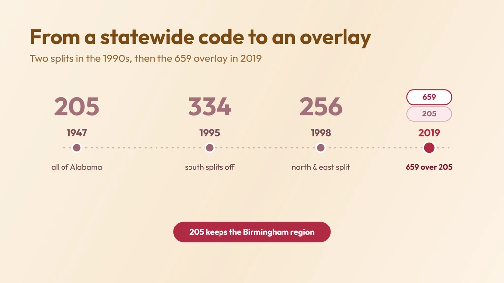 205 history — assigned to all of Alabama in 1947, split by 334 in 1995 and 256 in 1998, then overlaid by 659 in 2019, putting the Birmingham region on ten-digit dialing