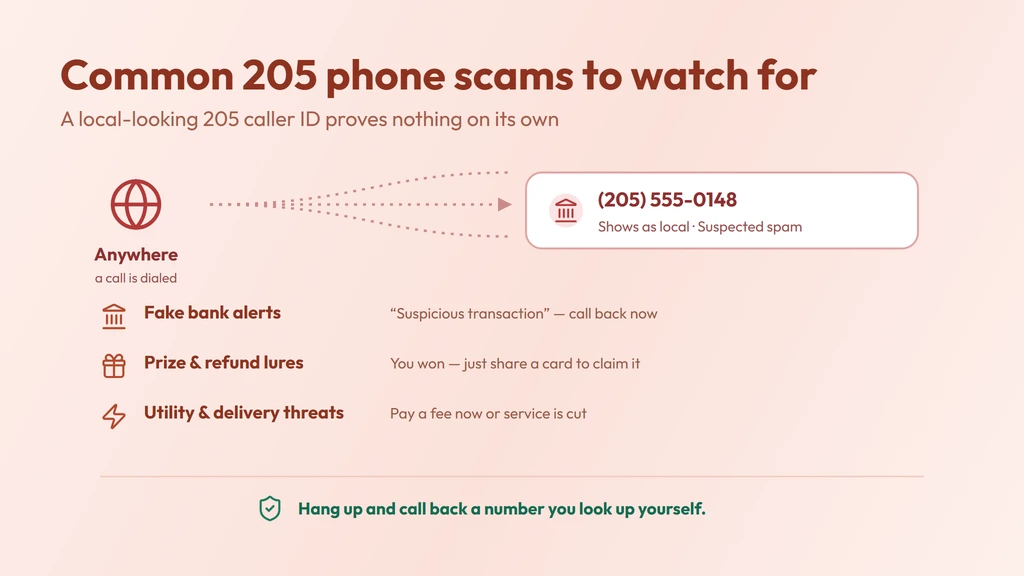 How a 205 caller ID gets spoofed — a call dialed from anywhere can show a familiar local 205 Birmingham number; verify unknown callers and never share details under pressure
