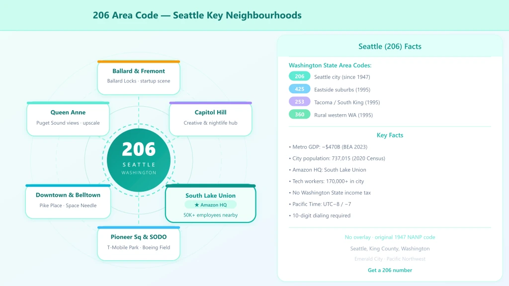 Where is the 206 area code — Seattle key neighborhoods including Downtown, South Lake Union, Capitol Hill, Ballard and surrounding districts