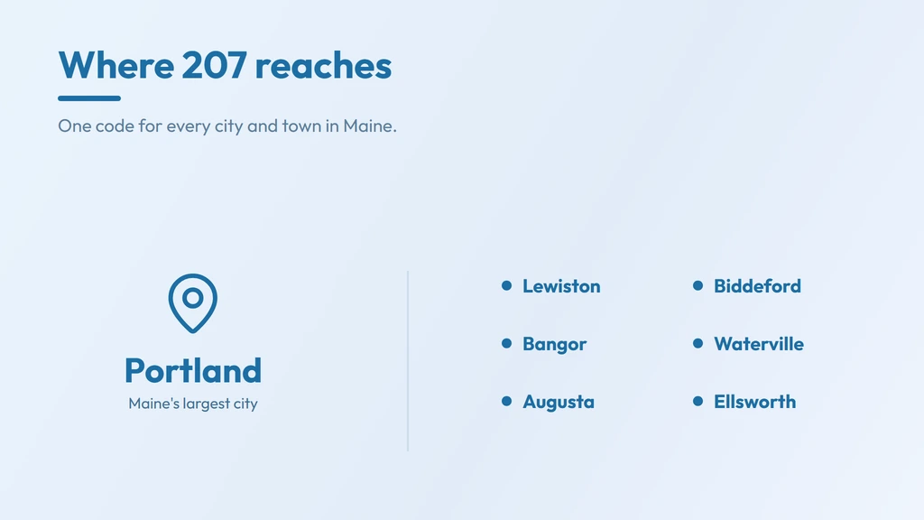 207 area code coverage — the whole state of Maine, from Portland, Lewiston, Augusta and Bangor to Presque Isle in the far north