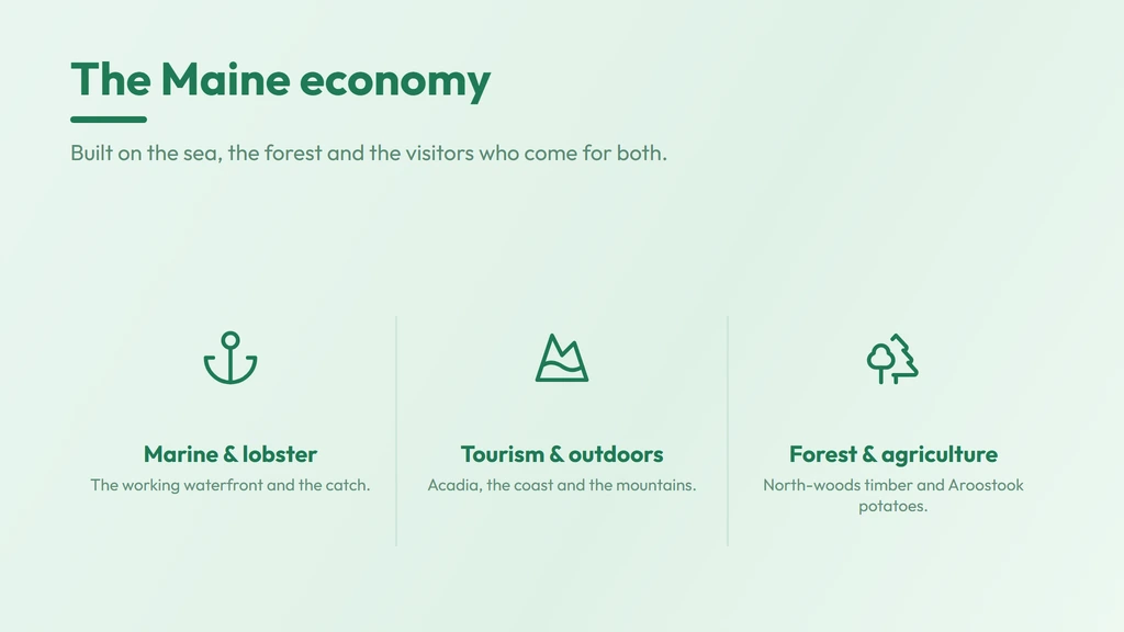 Maine economy on 207 — marine and lobster, tourism and the outdoors, and forest products and agriculture