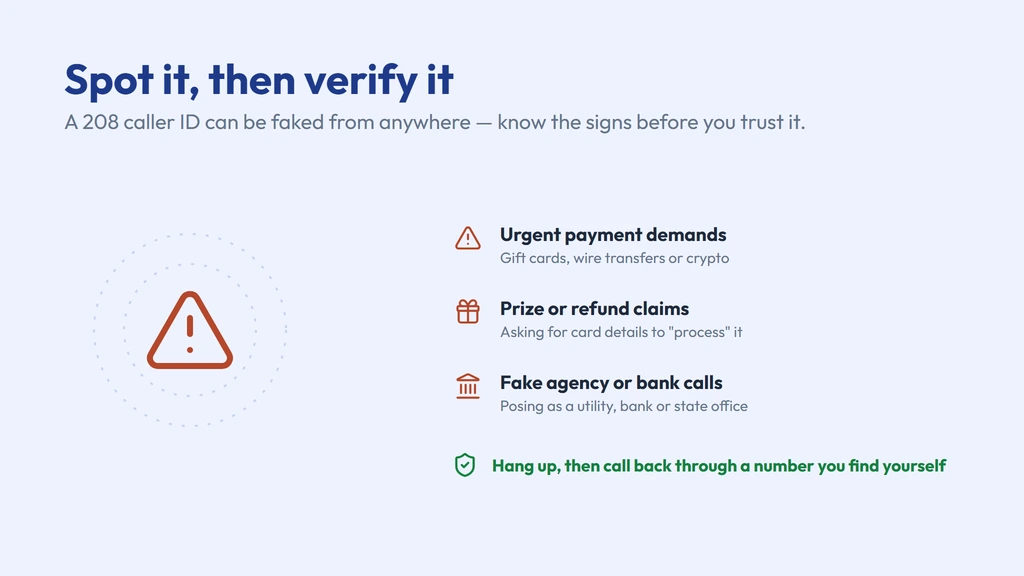 How a 208 caller ID gets spoofed — a call dialed from anywhere can show a familiar local 208 Boise or Idaho Falls number; watch for urgent payment demands, prize or refund claims and fake agency calls, and call the company back on a number you trust