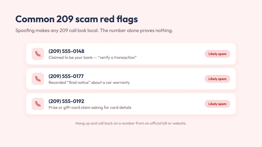 Common 209 phone scam red flags — spoofed bank, warranty and prize calls flagged as spam