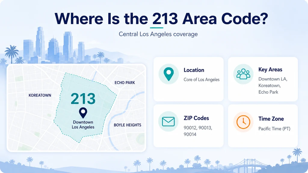 Where is the 213 area code — Downtown Los Angeles coverage map, key neighborhoods, ZIP codes, and Pacific Time Zone