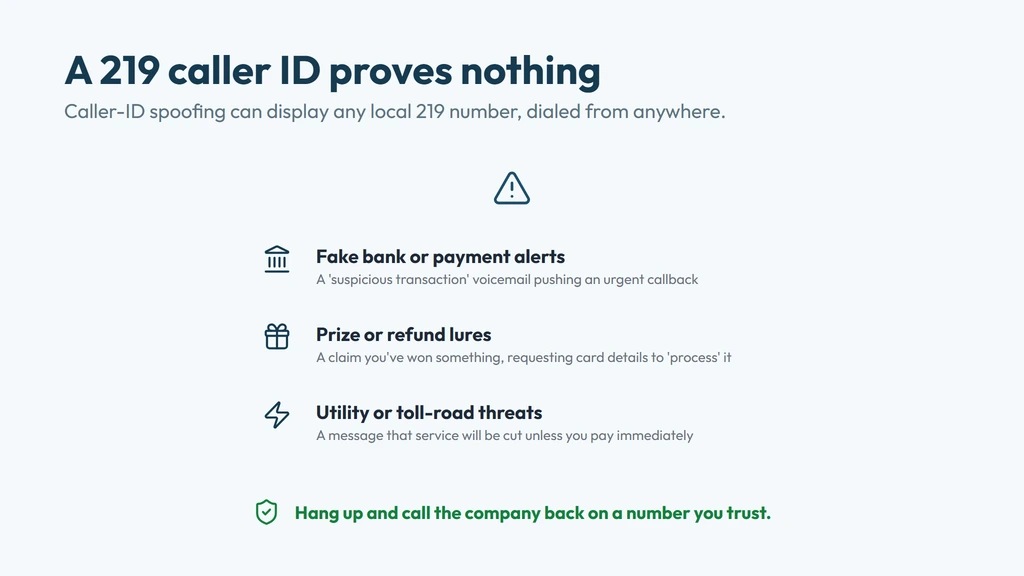 Common 219 scam red flags — fake bank alerts, prize lures and utility threats — with a reminder to hang up and call back on a trusted number