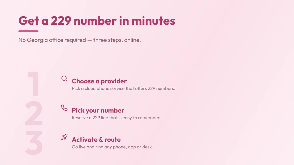 Three steps to activate a 229 number — choose a provider, pick a number, go live