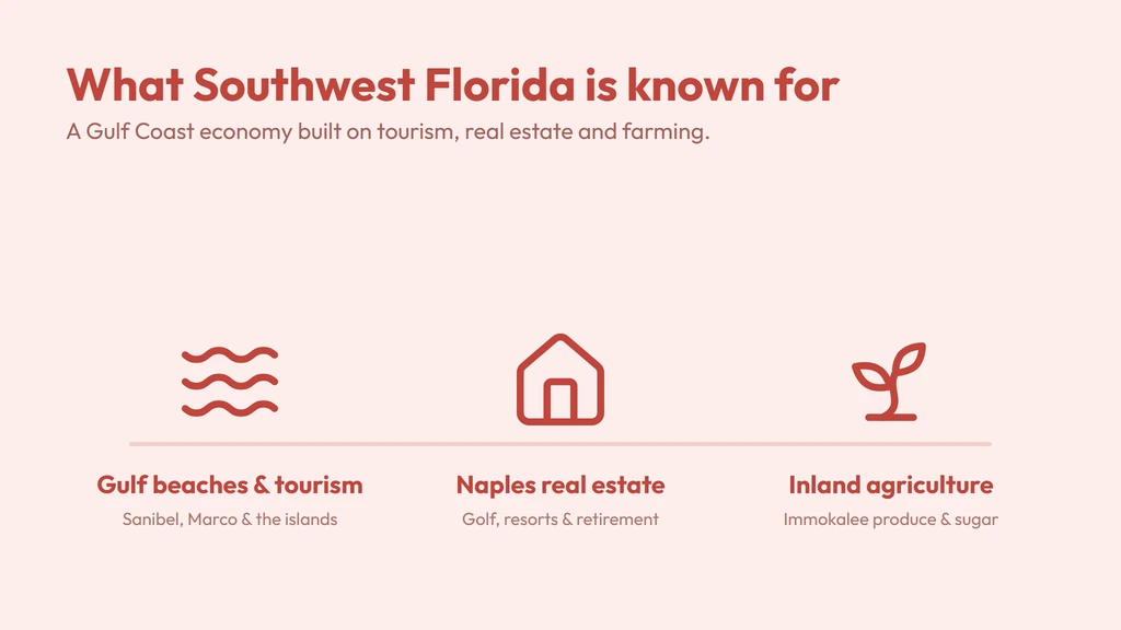 Southwest Florida economy — Gulf beaches and tourism, Naples real estate and retirement, and Immokalee agriculture