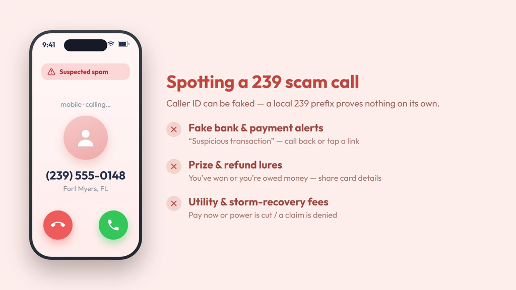 Common 239 scam red flags — a realistic spoofed iPhone call screen plus spoofed bank, prize and utility threats