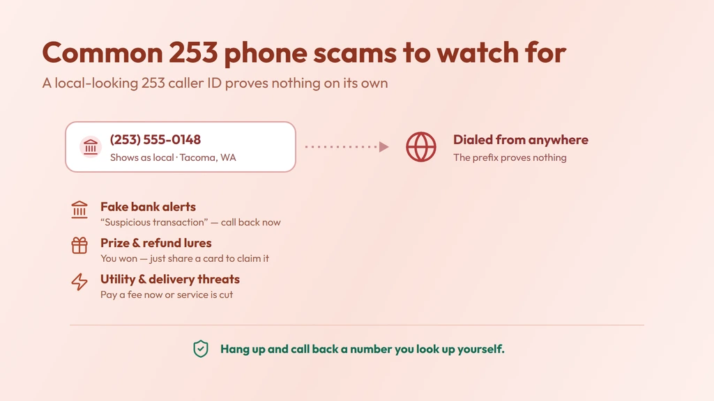 How a 253 caller ID gets spoofed — a call dialed from anywhere can show a familiar local 253 Tacoma number; verify unknown callers and never share details under pressure