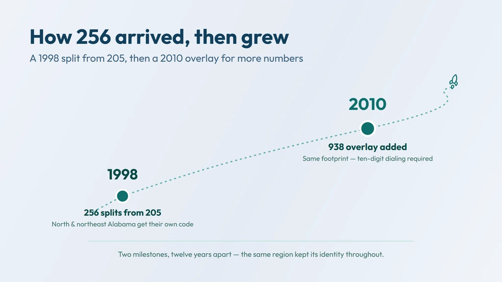 256 history — split from Alabama's original 205 area code on March 23, 1998, then overlaid by 938 on July 10, 2010, putting the Huntsville region on ten-digit dialing