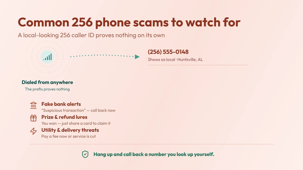 How a 256 caller ID gets spoofed — a call dialed from anywhere can show a familiar local 256 Huntsville number; verify unknown callers and never share details under pressure