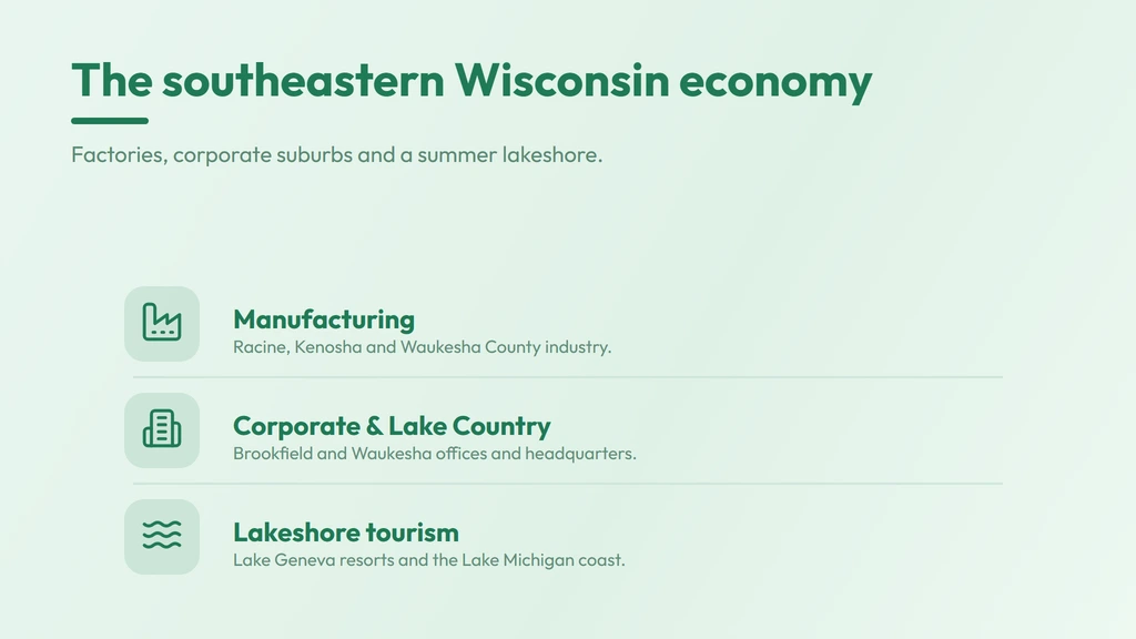 Southeastern Wisconsin economy on 262 — manufacturing, corporate and Lake Country offices, and lakeshore tourism