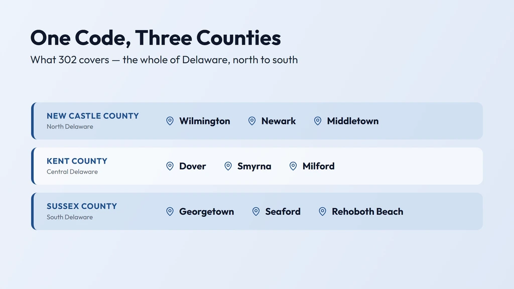 302 coverage — the whole of Delaware across New Castle, Kent and Sussex counties, from Wilmington, Newark and Middletown in the north, through Dover, Smyrna and Milford in the center, to Georgetown, Seaford and Rehoboth Beach in the south