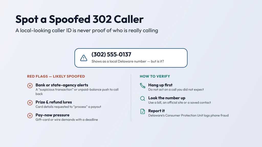 How a 302 caller ID gets spoofed — a call dialed from anywhere can show a familiar local 302 Wilmington or Dover number; watch for bank, prize and pay-now pressure, then hang up, look the number up and report it to Delaware's Consumer Protection Unit