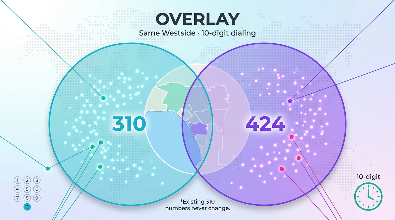 310 area code 424 overlay — same West LA geography, two codes, 10-digit dialing