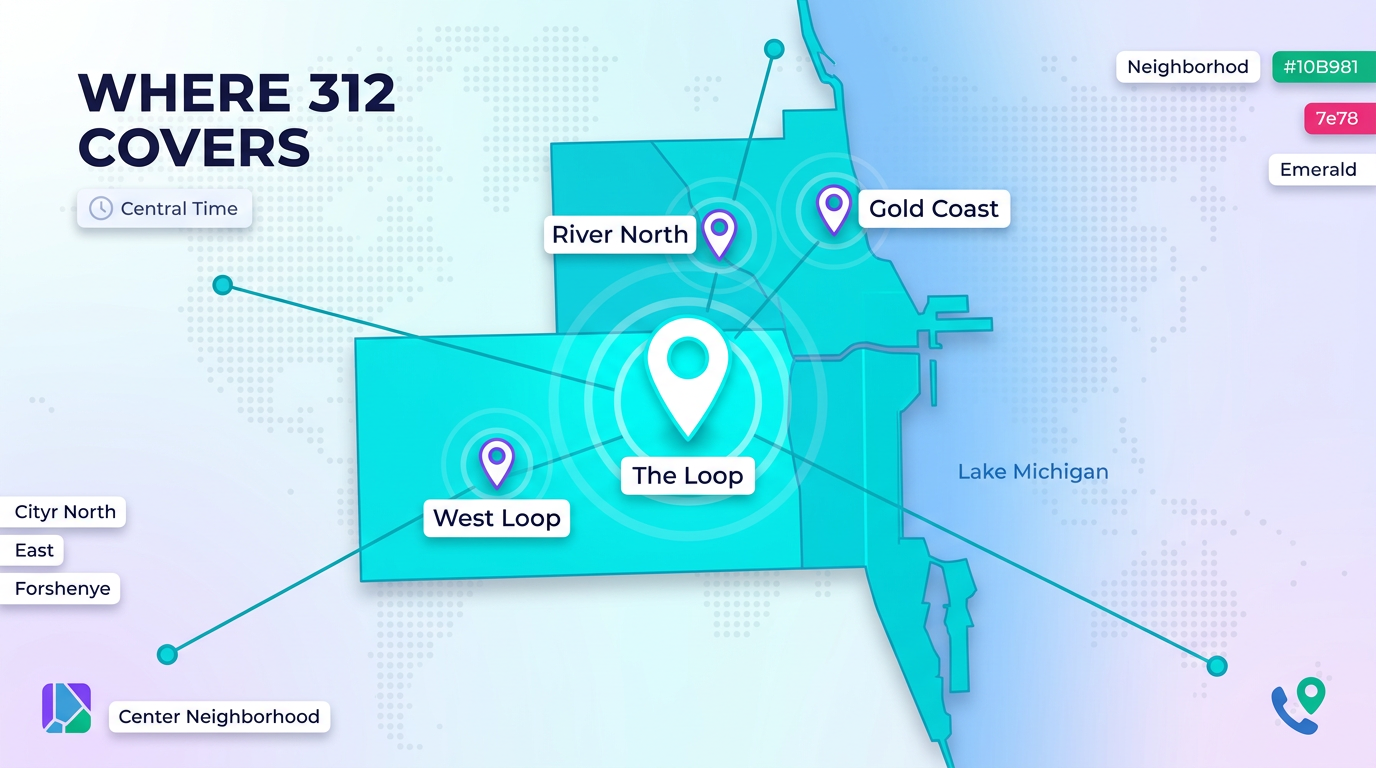 312 area code Chicago coverage map — The Loop, River North, Lincoln Park and Gold Coast neighborhoods