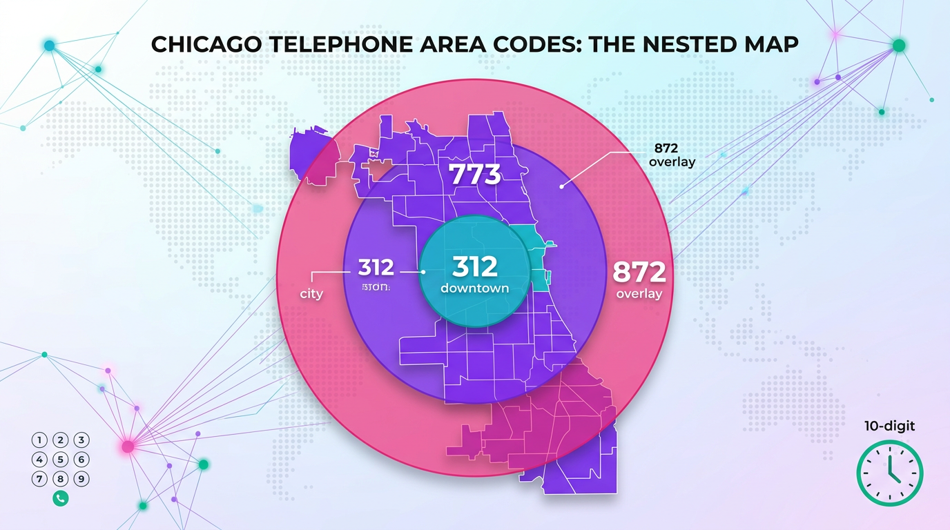 312, 773 and 872 Chicago area codes nested map — downtown 312, citywide 773, new 872 overlay