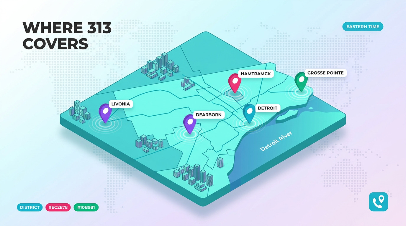 313 area code Detroit coverage map — cities and communities across the metro area