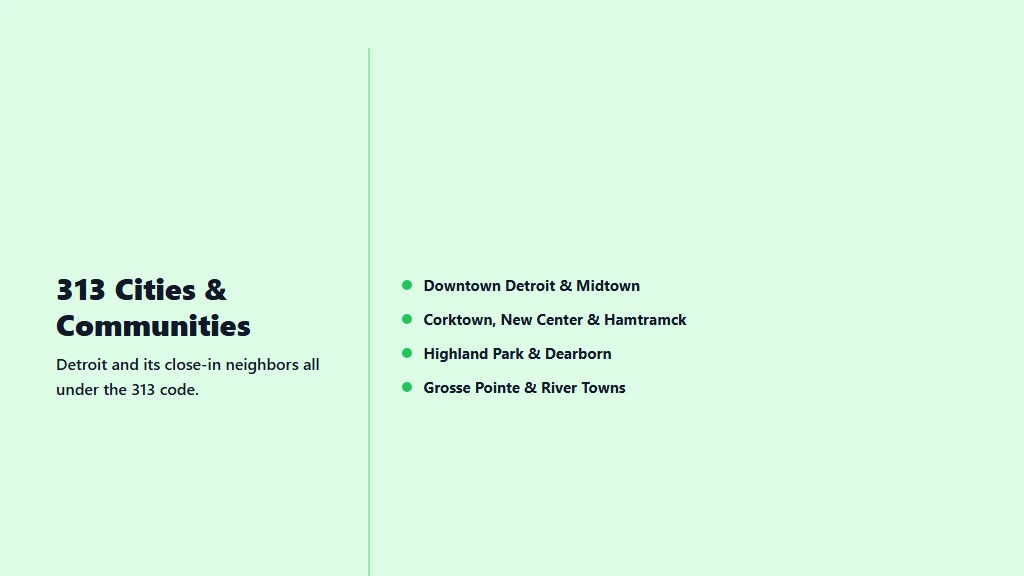 313 area code Detroit coverage map — cities and communities across the metro area