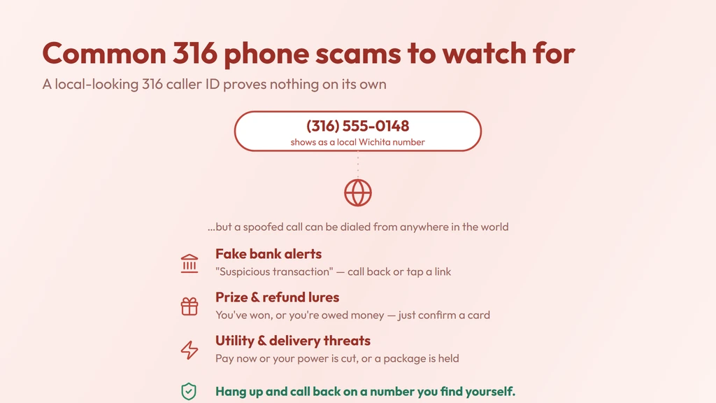 Common 316 scam red flags — a spoofed local caller ID with fake bank, prize and utility lures, and a reminder to hang up and call back