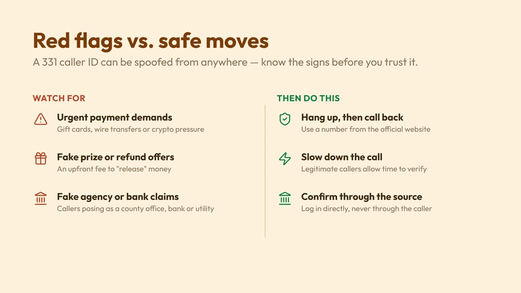 How a 331 caller ID gets spoofed — a call dialed from anywhere can show a familiar local Aurora or Naperville number; watch for urgent payment demands, prize or refund claims and fake agency calls, and verify by calling the company back on a number you trust