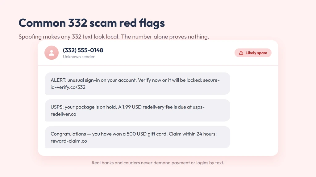 Common 332 phone scam red flags — spoofed bank alerts, prize lures and delivery-fee texts