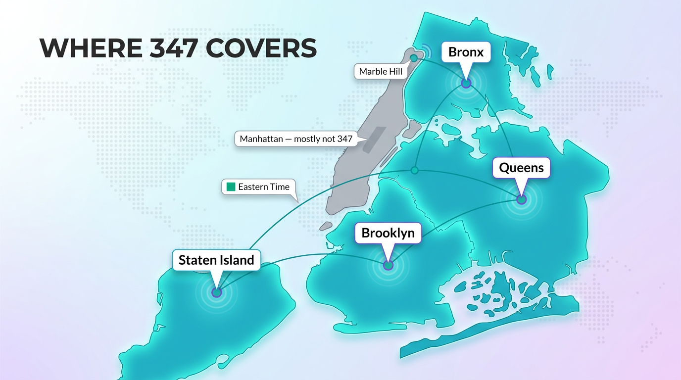 Map of the 347 area code covering Brooklyn, Queens, the Bronx and Staten Island