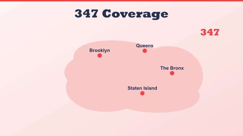 Map of the 347 area code covering Brooklyn, Queens, the Bronx and Staten Island