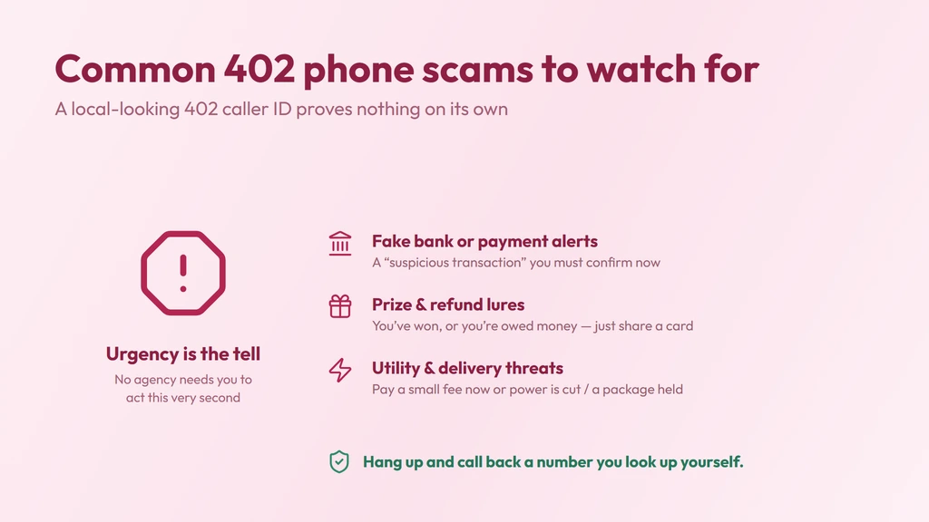 Common 402 scam red flags — a spoofed local caller ID that could be dialed from anywhere, with fake bank, prize and utility lures and a reminder to hang up and call back