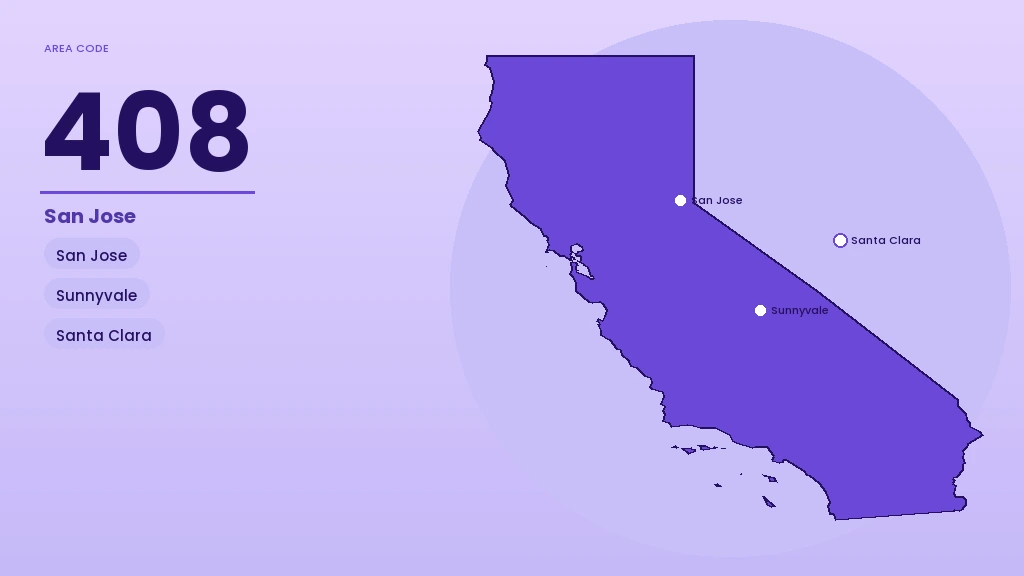 408 area code cities map - San Jose, Sunnyvale and Santa Clara