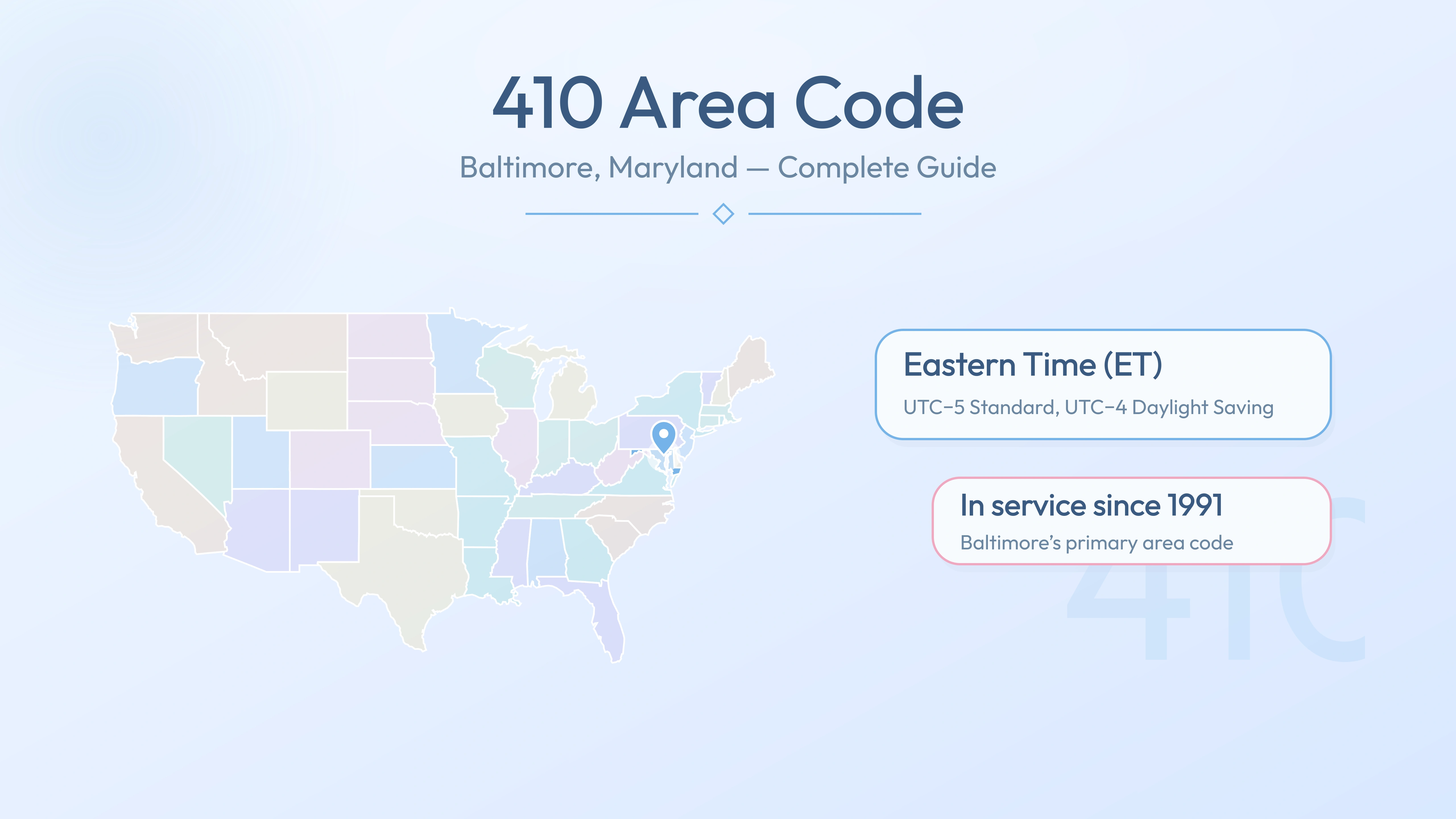 410 Area Code: Baltimore, Maryland — Cities, Overlay & Business Guide banner