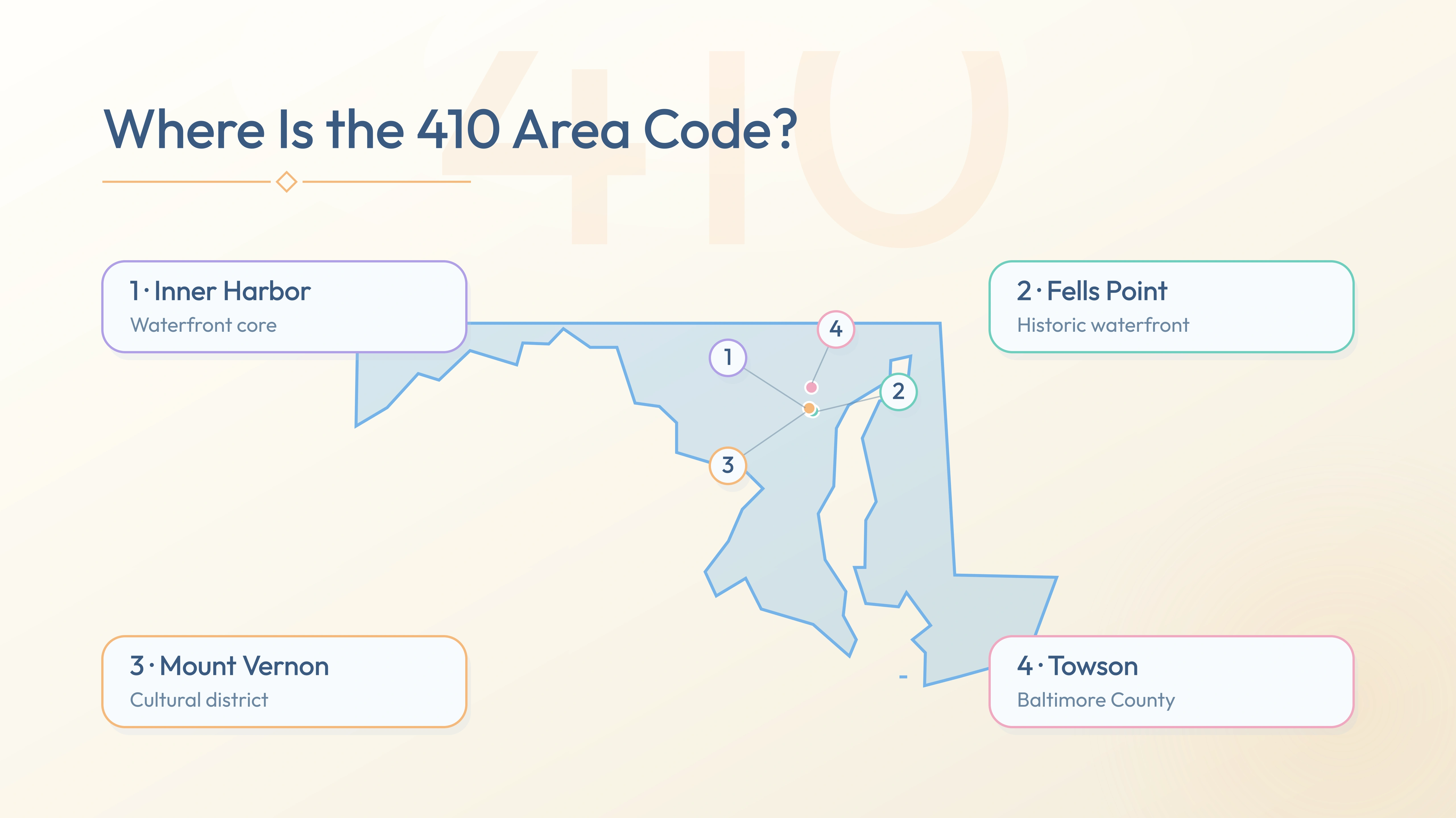 410 coverage map — Inner Harbor, Fells Point, Mount Vernon, Towson across Maryland