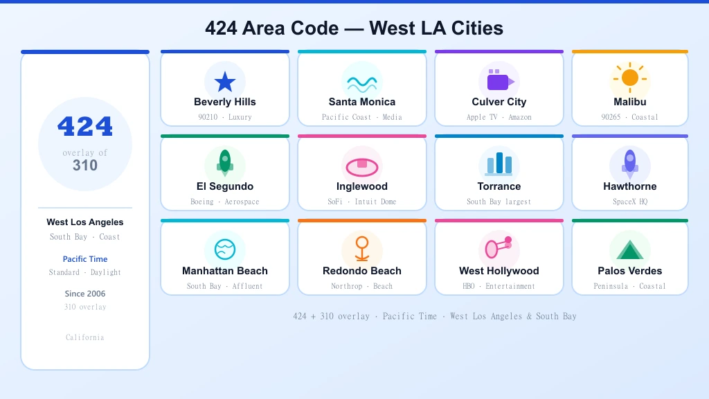 424 and 310 area code cities — Beverly Hills, Santa Monica, Culver City, Malibu, El Segundo, Inglewood and South Bay grid
