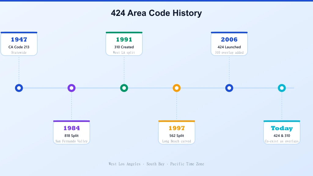 424 area code history timeline — 1947 CA 213, 1984 818 split, 1991 310 created, 1997 562 split, 2006 424 launched