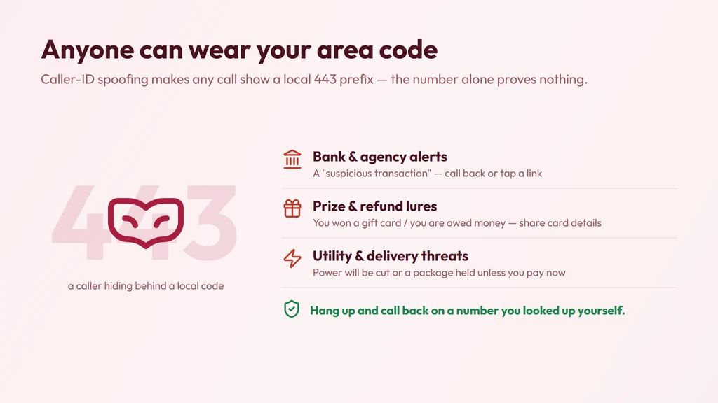 Common 443 scam red flags — caller-ID spoofing makes any call look local, with fake bank, prize and utility lures and a reminder to hang up and call back