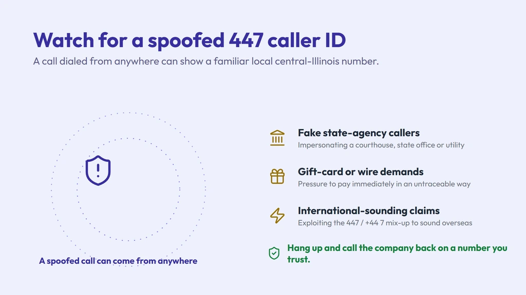 How a 447 caller ID gets spoofed — a call dialed from anywhere can show a familiar local central-Illinois number; watch for fake state-agency callers, gift-card demands and claims exploiting the 447 / +44 7 mix-up, and call the company back on a number you trust