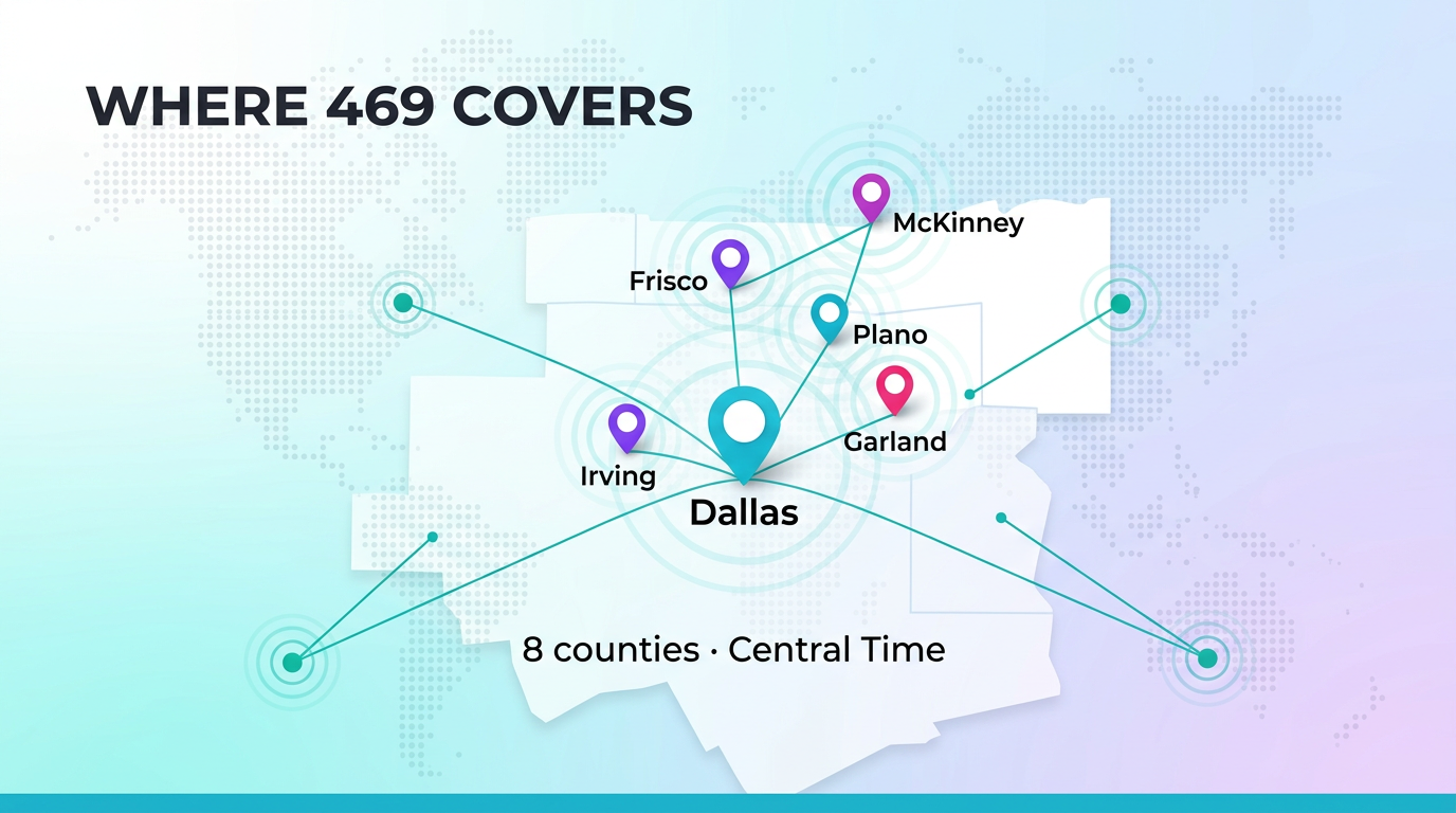 469 area code cities — Dallas, Plano, Frisco, Garland, Richardson, McKinney, Allen, Irving hub map