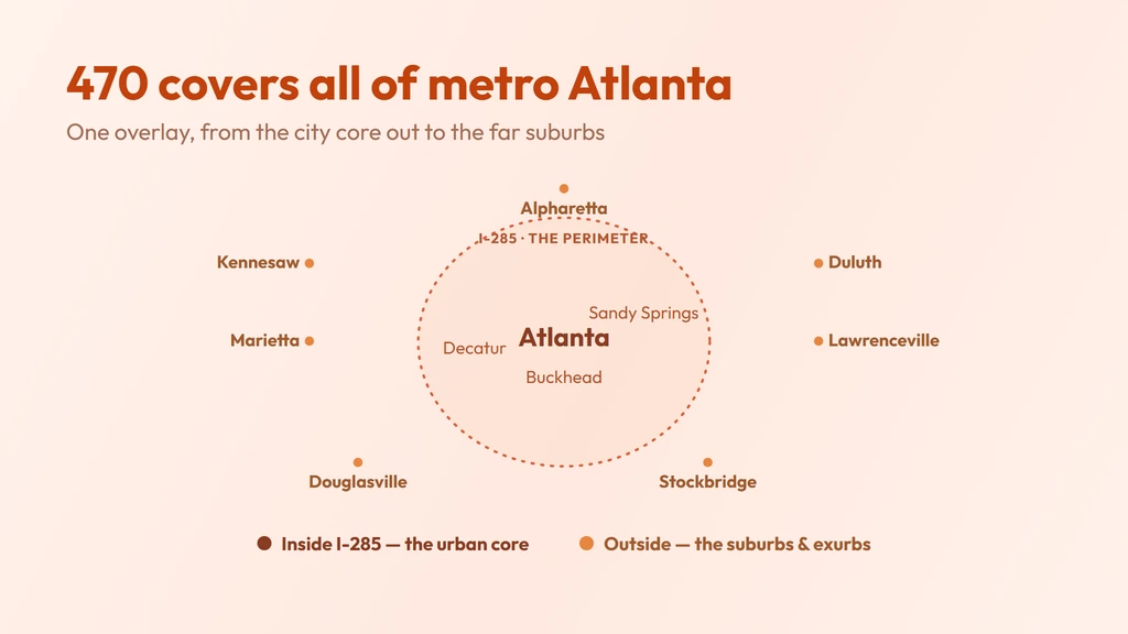 470 area code coverage — metro Atlanta from Marietta and Alpharetta through the city core out to Lawrenceville and Decatur