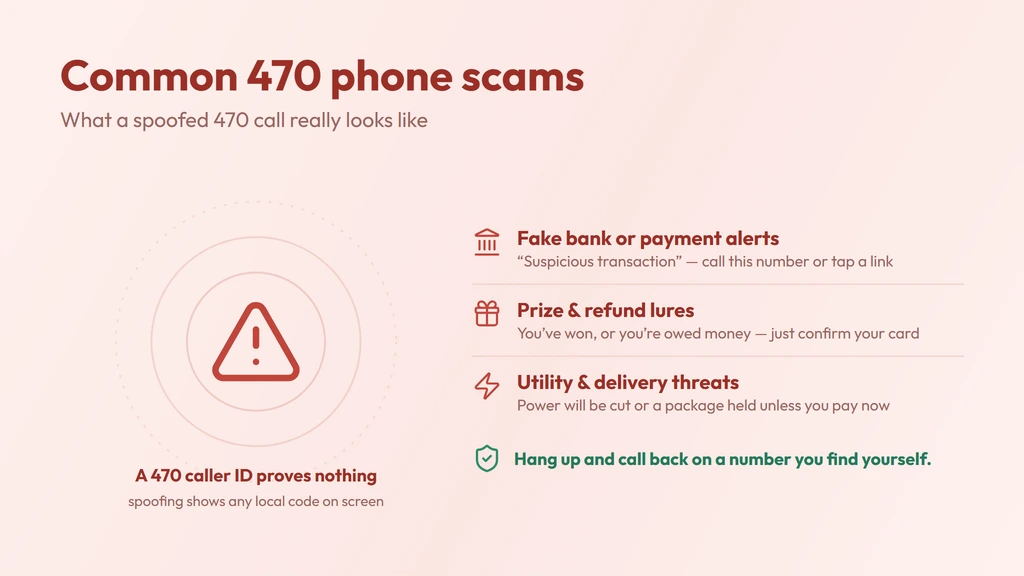 Common 470 scam red flags — a realistic spoofed call screen plus spoofed bank, prize and utility threats