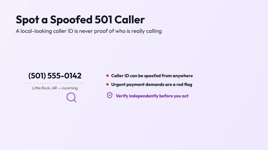 How a 501 caller ID gets spoofed — a call dialed from anywhere can show a familiar local 501 Little Rock number; verify unknown callers and never share details under pressure