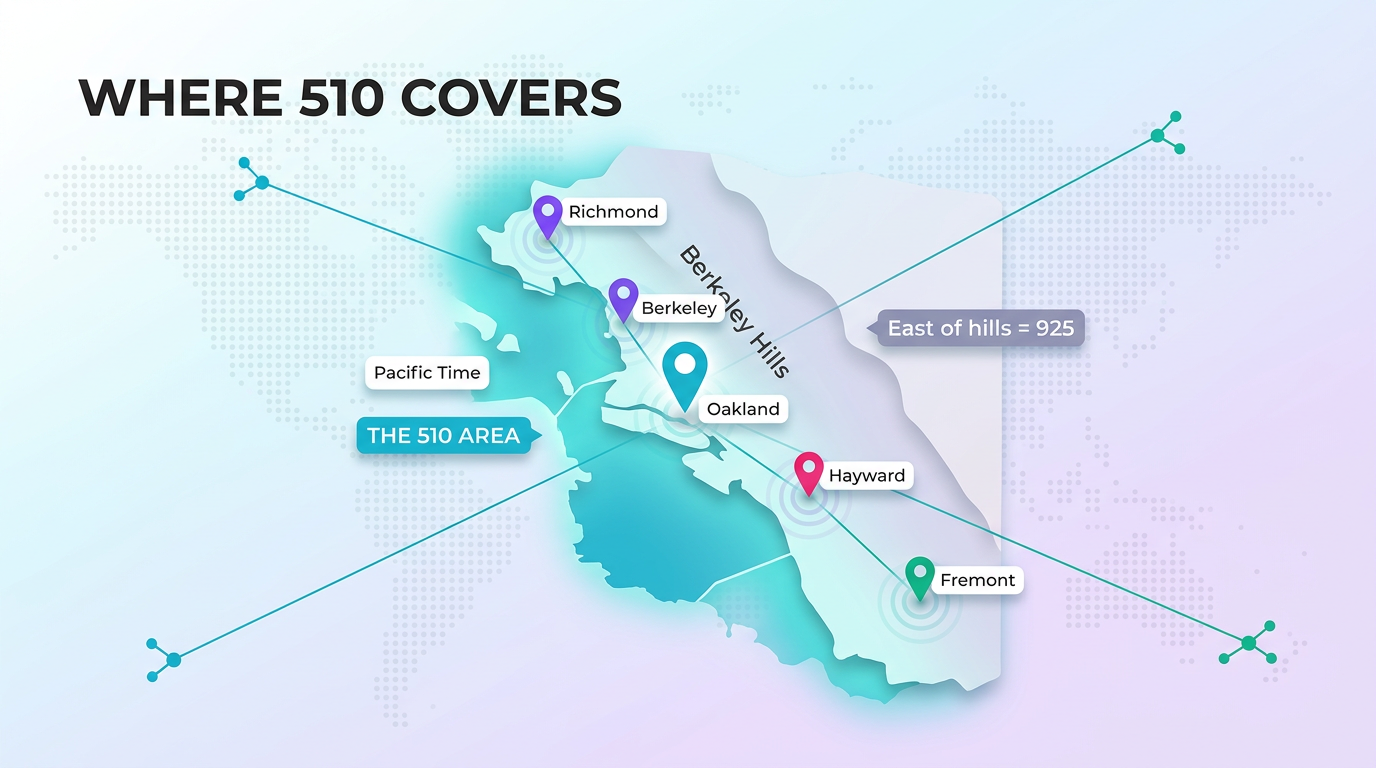 510 area code region coverage — Oakland, Berkeley, Fremont, Hayward, Richmond, Alameda East Bay cities map