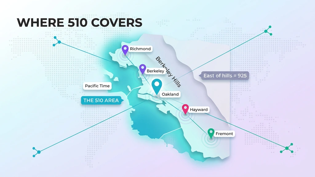 510 area code region coverage — Oakland, Berkeley, Fremont, Hayward, Richmond, Alameda East Bay cities map