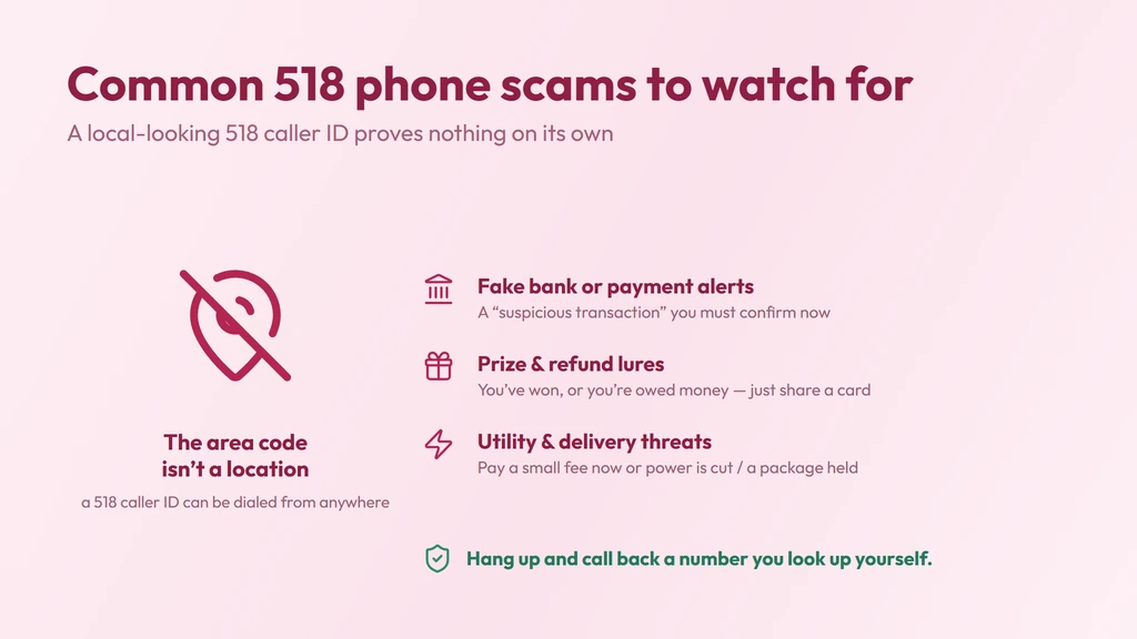 Common 518 scam warning — a spoofed 518 caller ID can be dialed from anywhere in the world yet appears local, alongside fake bank, prize and utility lures and a reminder to call back a number you look up yourself