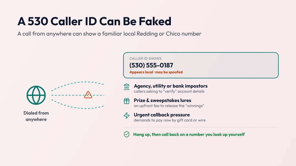 How a 530 caller ID gets spoofed — a call dialed from anywhere can display a familiar local Redding or Chico number; verify unknown callers and never share details under pressure