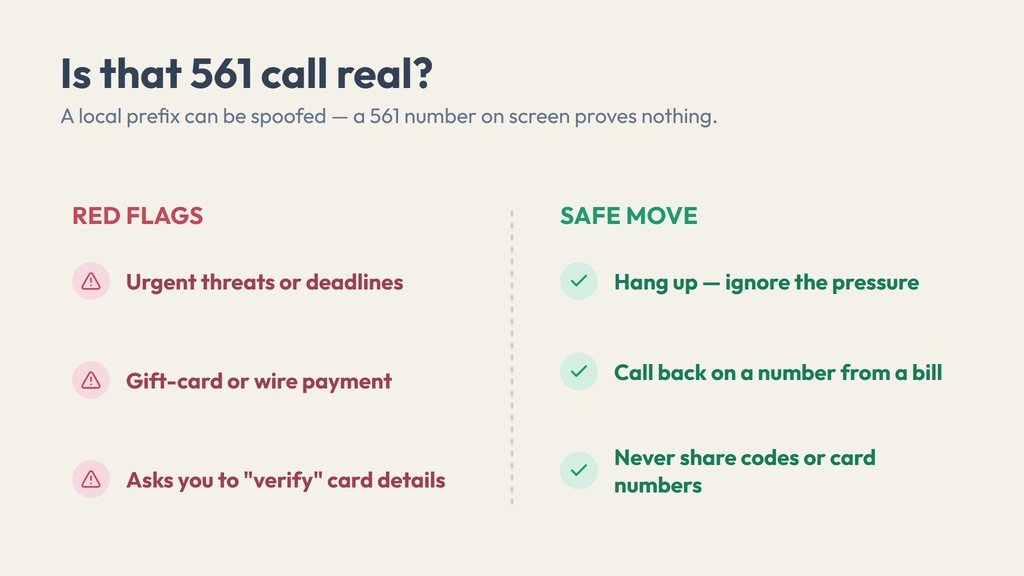 Common 561 scam red flags — a realistic spoofed call screen plus spoofed bank, prize and utility threats