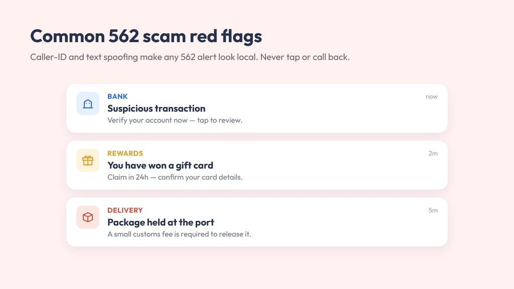 Common 562 scam red flags — spoofed bank, prize and port delivery-fee notifications