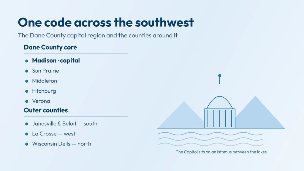 608 coverage — Madison and Dane County at the center of southwestern Wisconsin, with Janesville and Beloit to the south, La Crosse on the Mississippi to the west and the Wisconsin Dells to the north