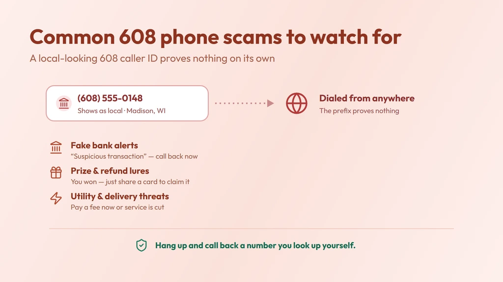 How a 608 caller ID gets spoofed — a call dialed from anywhere can show a familiar local 608 Madison number; verify unknown callers and never share details under pressure