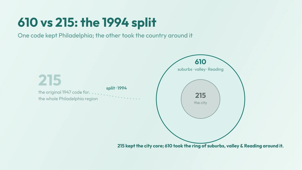 The 1994 split of the original 215 code — 215 kept the city of Philadelphia and its inner ring, while 610 took the wider suburban belt, the Lehigh Valley and Reading