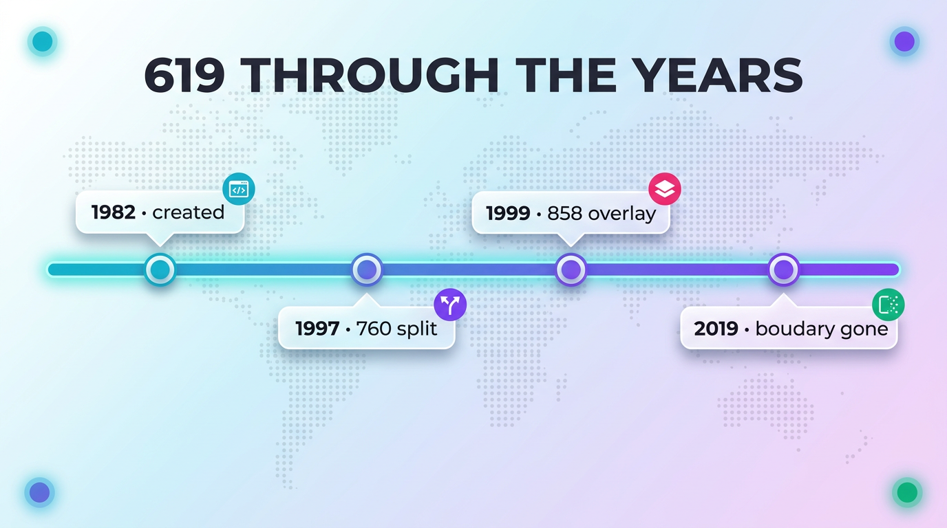 619 area code history timeline — San Diego code evolution and split with 858